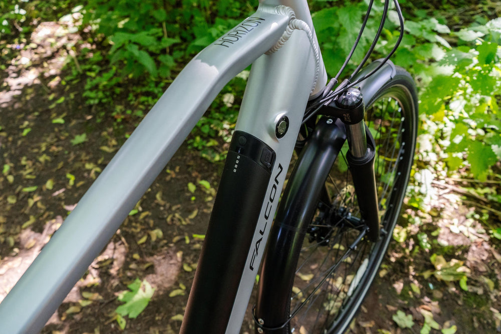 Falcon Horizon Cross Bar Electric Hybrid Bike - top tube and integrated battery — view 17