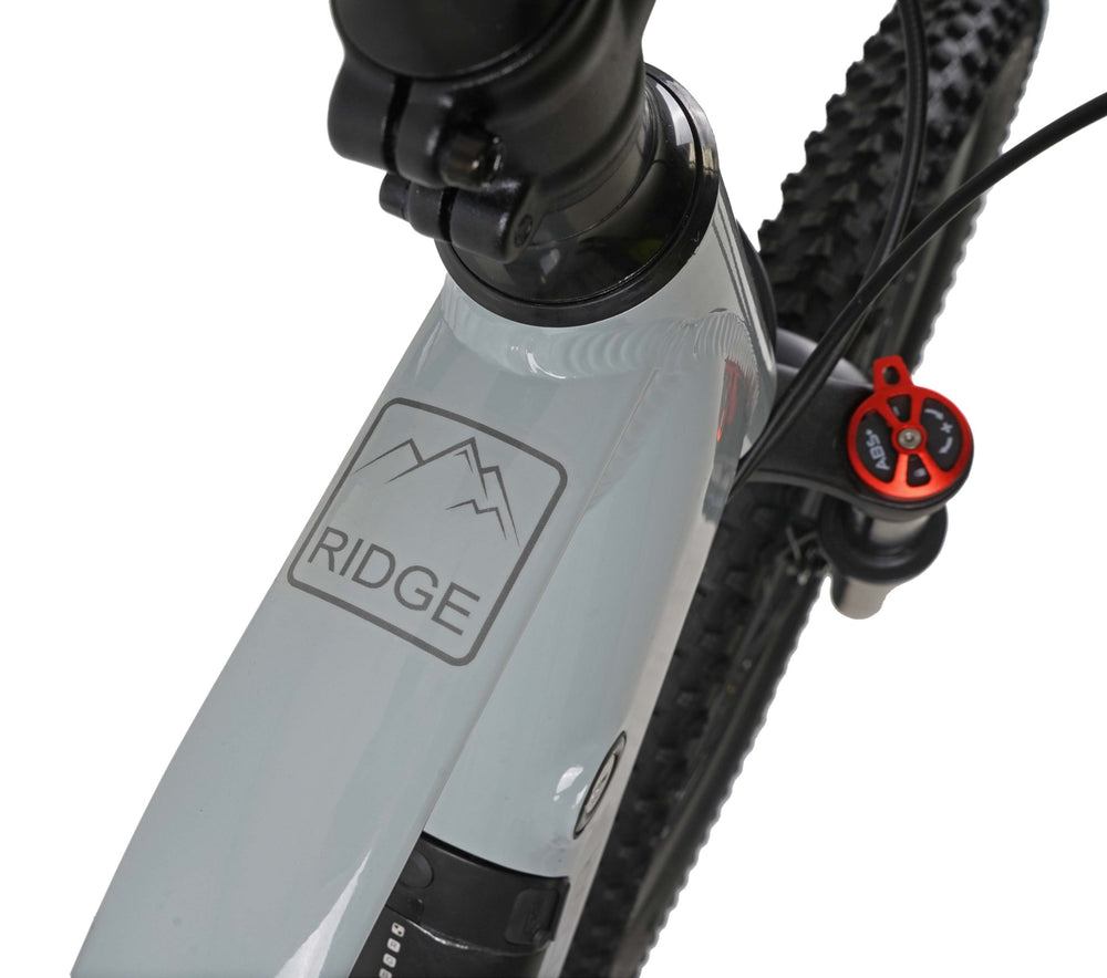 Claud Butler Ridge 1.0 Electric Mountain Bike - Ridge head tube badge and fork lockout — view 18