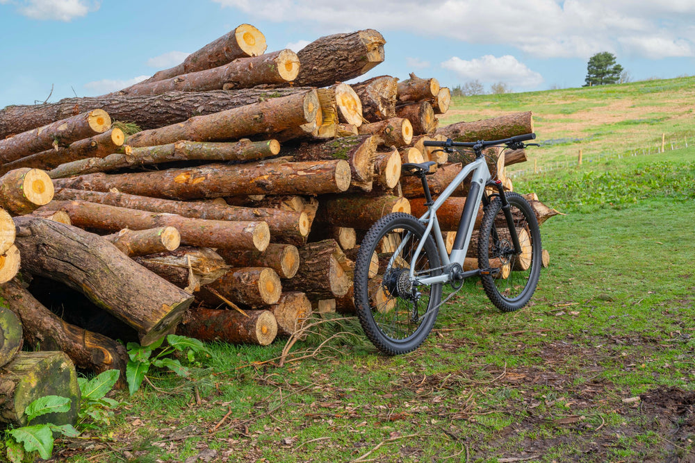 Claud Butler Ridge 1.0 Electric Mountain Bike - parked by the log pile, rear view — view 33
