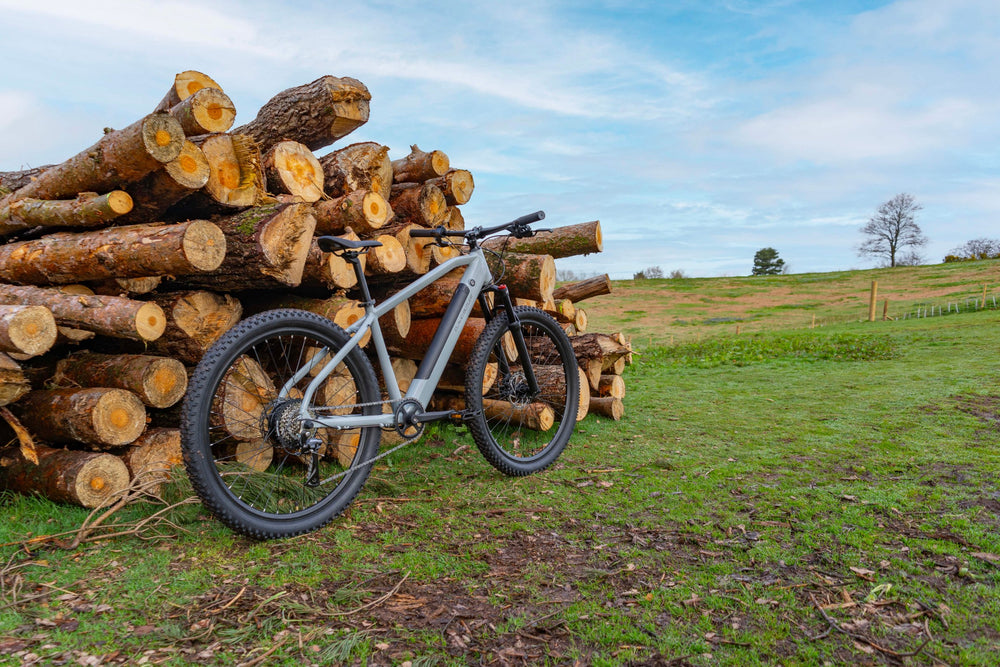 Claud Butler Ridge 1.0 Electric Mountain Bike - against logs under a blue sky — view 35