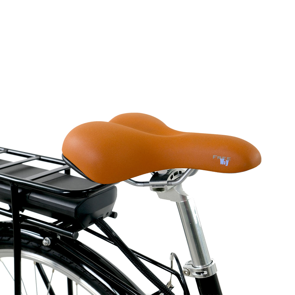 Falcon Heritage Electric Hybrid Bike - tan comfort saddle and rack battery — view 7
