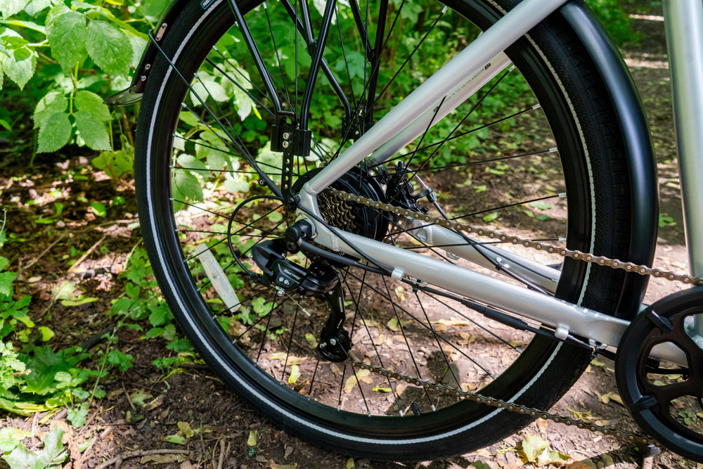 Falcon Horizon Low Step Electric Hybrid Bike - rear wheel and derailleur — view 18