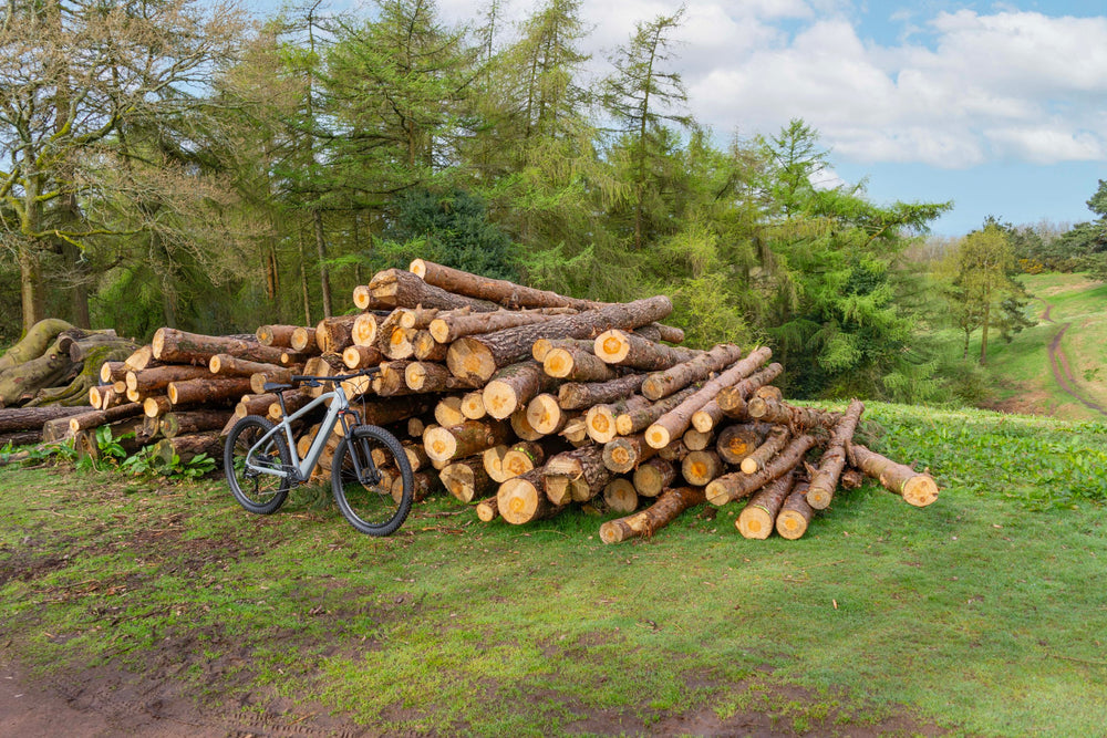Claud Butler Ridge 1.0 Electric Mountain Bike - by a log pile in the countryside — view 32