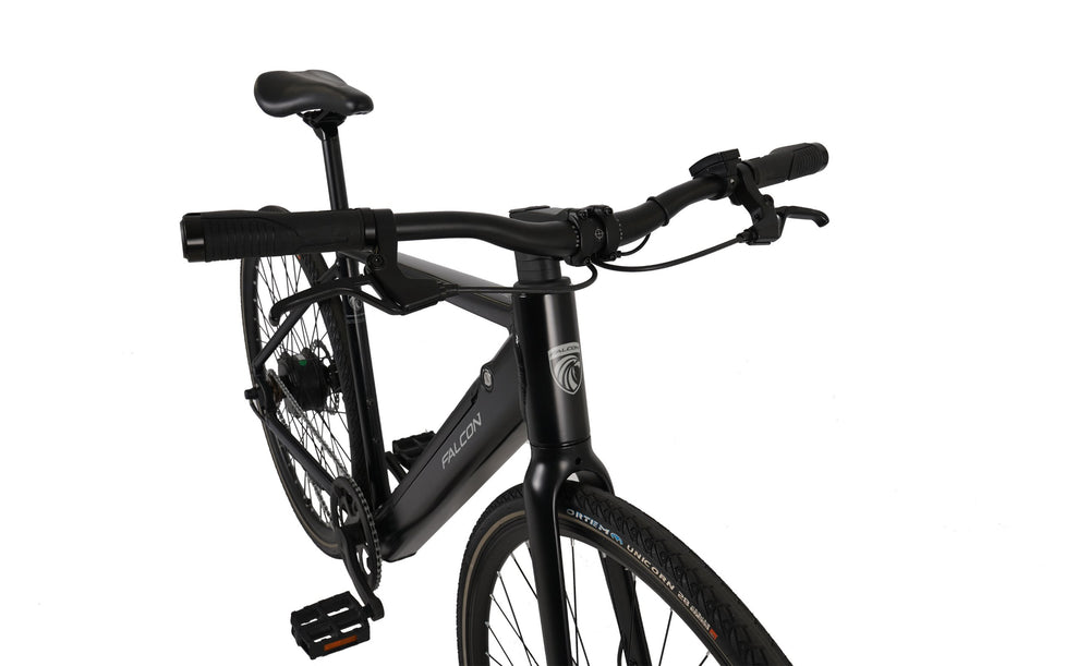 Falcon Zone Electric Hybrid Bike - front three-quarter view of handlebars and frame — view 16