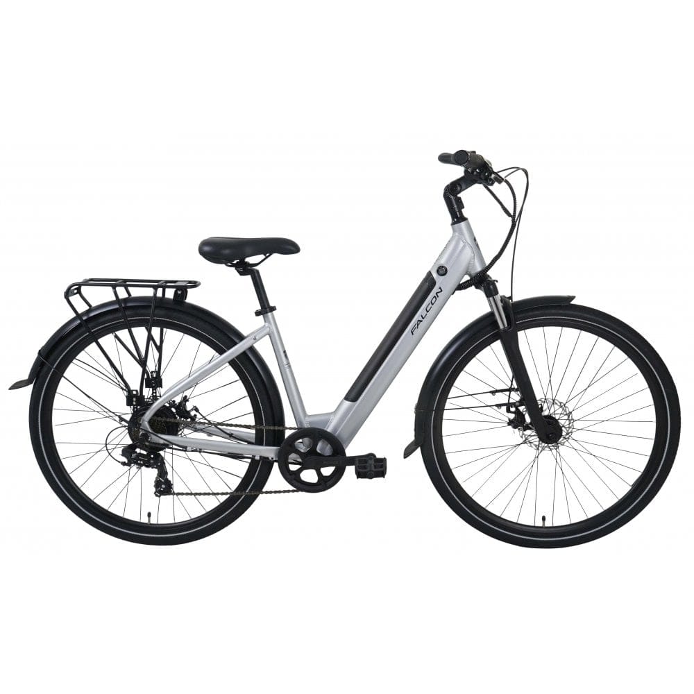 Falcon Horizon Low Step Electric Hybrid Bike, Silver — view 1
