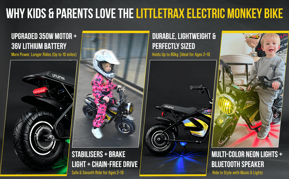 Littletrax Kids Electric Bikes E-Bike Littletrax 350W Kids Electric Bike – Ages 3 to 12+ ride on mini monkey bike - 3 speed, Bluetooth music, horn, lights, 36v
